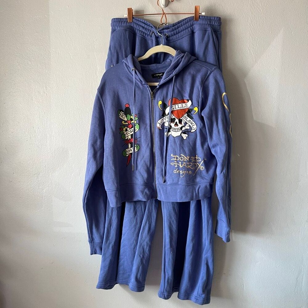 Ed Hardy two-piece zip-up hoodie and sweatpants set featuring Y2K-style tattoo g